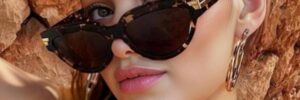 Black Cat Eye Rectangle Sunglasses with Gold Accents - Image 5