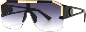 Oversized Flat Top Shield Sunglasses with Gradient Lenses and Gold Accents